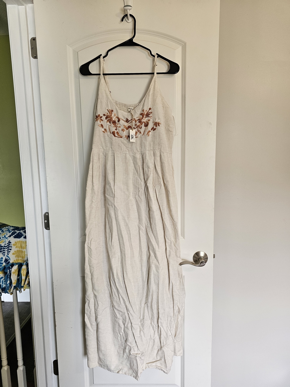 Cost Plus World Market Cream Maxi Dress with Rust Floral Embroidery